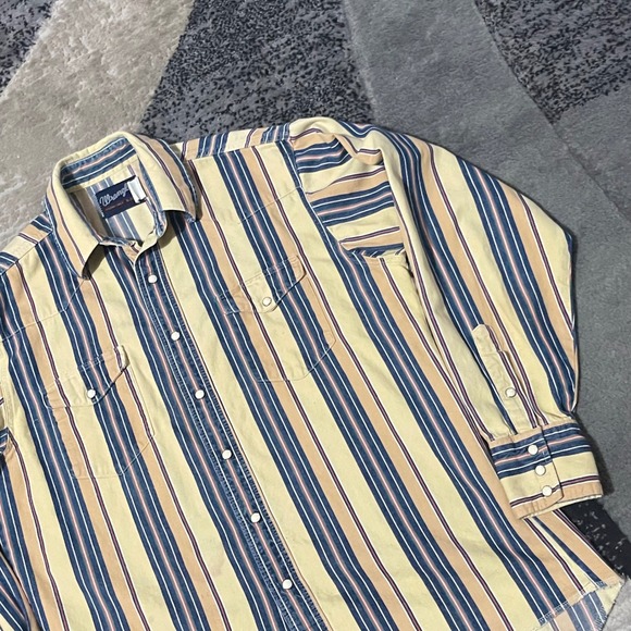 Wrangler X-Long Tail Shirt Men 16-35 Yellow Blue Striped Good Western Pearl Snap - Picture 10 of 12